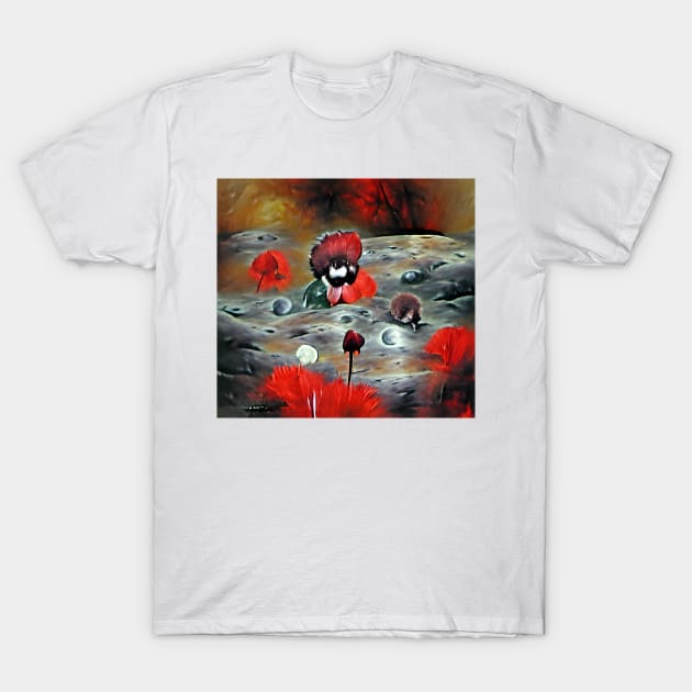 Red Flowers Growing on a Moon Surface T-Shirt by Mihadom